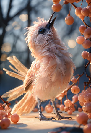 A surrealistic depiction of a pink bird amidst clusters of glowing orbsの素材