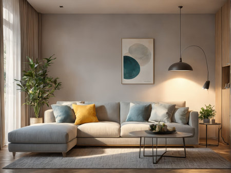 A contemporary living room with a muted color palette and modern decorの素材