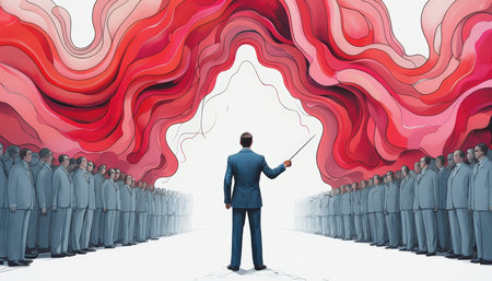 A business leader leading a team through a metaphorical red wave decisionの素材