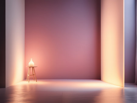 A modern minimalist room with warm lighting and a vase on an elevated standの素材