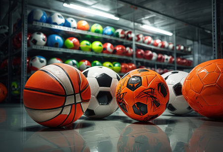 Sporting goods display in a welllit warehouse with colorful balls on shelvesの素材
