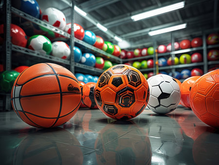 Soccer balls on floor in sport gym. 3D rendering.の素材
