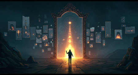 A solitary figure stands before a mystical portal amidst an array of floating imagesの素材