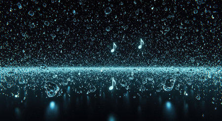 A digitally enhanced image depicting musical notes and bubbles against a dark backgroundの素材
