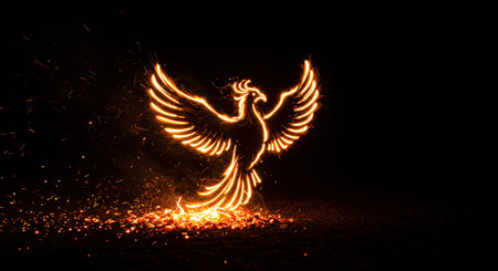 A fiery phoenix rising from embers on a dark backgroundの素材