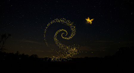 A firefly swarm forming a spiral pattern under the night skyの素材