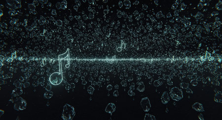 A digital composition featuring glowing musical notes floating amidst bubbles against a dark backdropの素材