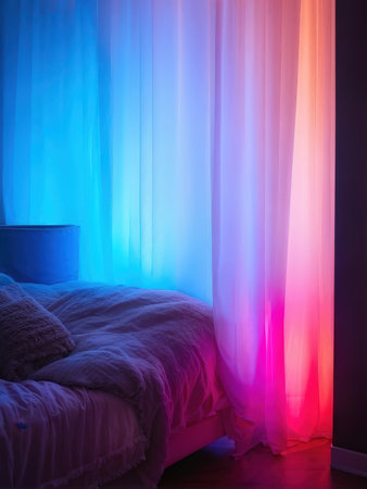 A cozy bedroom scene with a dualtoned curtain casting colorful ambient lightingの素材