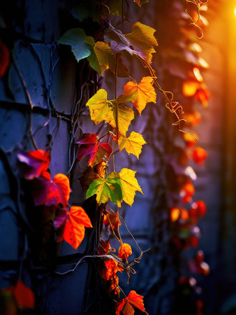 Warm sunset illuminates a wall with colorful autumn leaves and vinesの素材