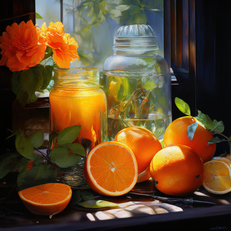 A stilllife composition featuring oranges and orange blossoms with jars of orange juice on a sunny windowsillの素材