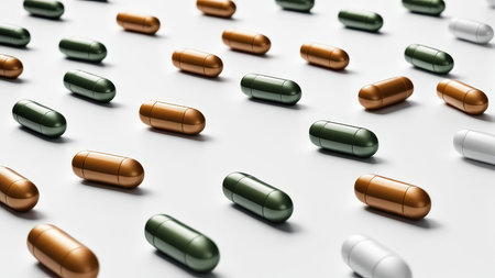 A collection of variously colored capsule pills on a white surfaceの素材
