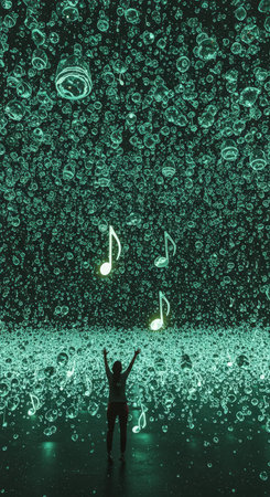 A person standing amidst a sea of floating musical notes and bubbles in neon green lightingの素材