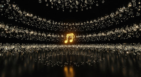 An artistic digital image featuring a solitary golden musical note amidst glowing liquid droplets in spaceの素材
