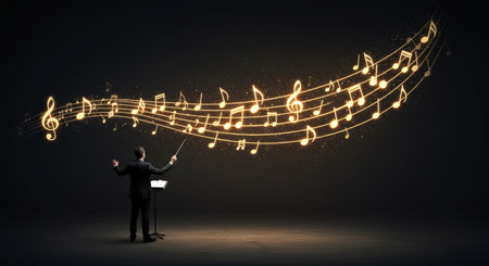 A conductor leading a symphony with musical notes visually emanating from his batonの素材