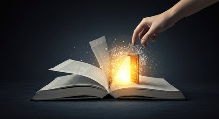 A hand activating a mobile phone that emits glowing energy from an open bookの素材