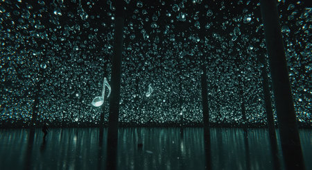 A solitary figure moving through a sea of floating bubbles with musical notes in an ethereal spaceの素材