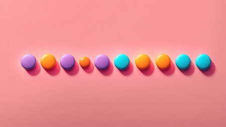 Colorful candies in row on pink background. Minimal conceptの素材