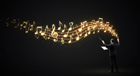 Young businessman standing with back and holding a glowing musical note in his handの素材