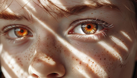 Closeup of a persons eyes with unique iris patterns and freckles illuminated by sunlightの素材