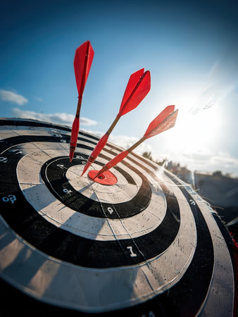 A closeup photo of a dartboard with three arrows hitting the center on a sunny dayの素材