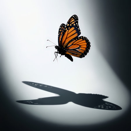 Butterfly silhouette on a white background with a shadow on the wallの素材