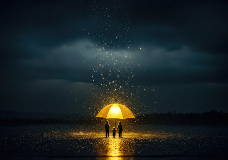 Silhouette of a man and a woman under an umbrella in the rainの素材