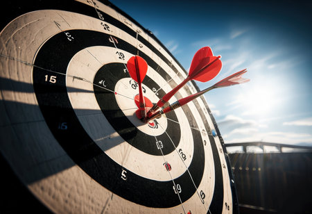 Three red darts hitting the bullseye of a dartboard with sunlight shining in the backgroundの素材