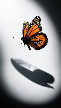 Butterfly with shadow on a white wall. Close up.の素材