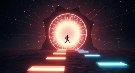 A futuristic neon pathway leading to a portal through spaceの素材