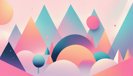 A stylized illustration of geometric shapes in pastel colors depicting a whimsical landscapeの素材