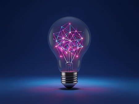 A glowing light bulb with neon network connections symbolizing innovation and digital connectivityの素材