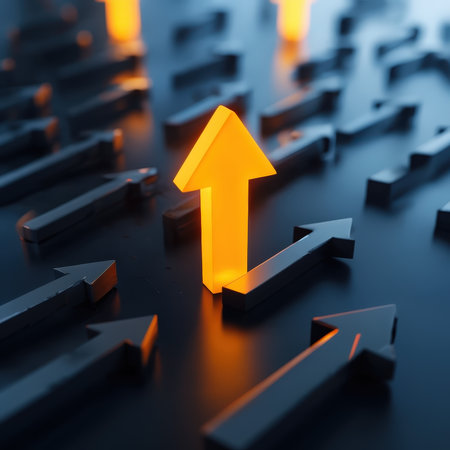 A glowing upward arrow stands out among surrounding darker arrows on a dark surfaceの素材