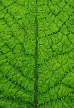 A closeup photograph of a green leaf showcasing its intricate vein structureの素材