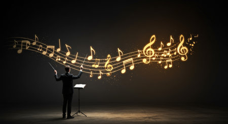 A conductor directing a musical composition with animated floating notesの素材
