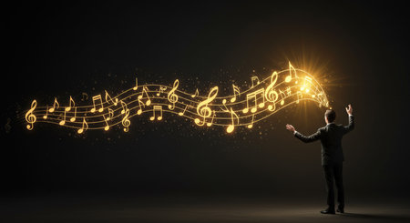 Young businessman in suit with glowing melody notes flying out of his handの素材