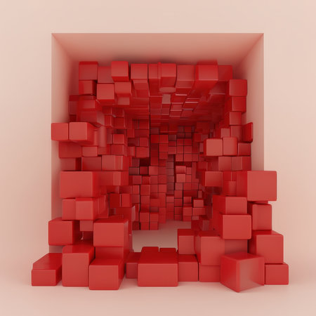 Red cubes disassembled within a cube structure against a neutral backdropの素材