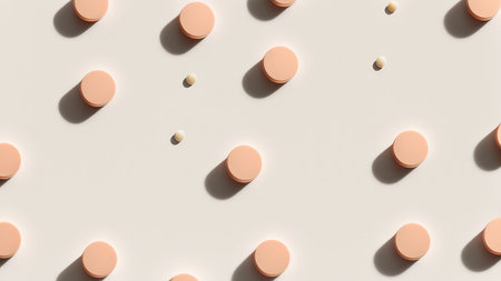 Minimalistic composition with uniformly placed pastelcolored objects on a neutral backgroundの素材