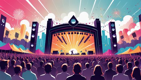 A colorful illustration depicting a concert at dusk with an engaged audienceの素材