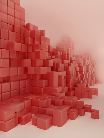 A digital art piece depicting red cubes in various arrangements against a foggy backdropの素材