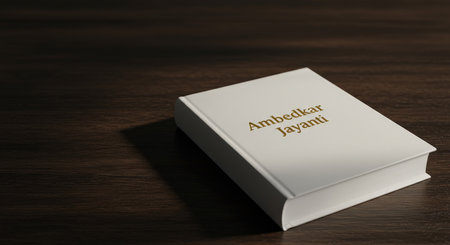 A book titled Ambedkar Jayanti with gold lettering on a white cover resting on a dark wooden surfaceの素材