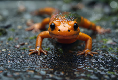 Closeup shot of a bright orange frog on wet ground with water dropletsの素材