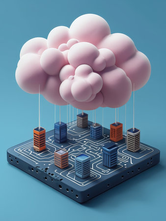 An abstract representation of a cloud computing network with buildings connected by cablesの素材