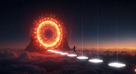 A person traversing floating platforms to a glowing portal amidst clouds and starsの素材