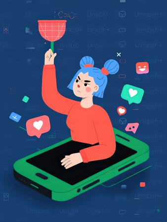 Girl with mobile phone and social media icons. Vector illustration in flat styleの素材