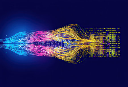 A digital representation showcasing a blend of binary code and colorful waveforms against a dark blue backdropの素材