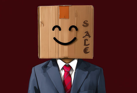 A satirical image of a businessman with a cardboard box head featuring the word SALE and an orange rectangle representing his foreheadの素材