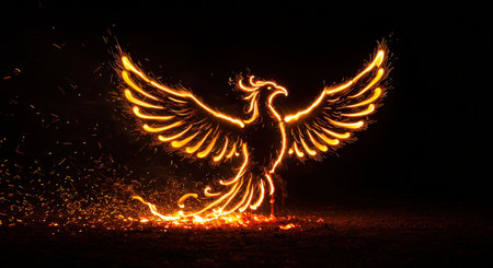 A firebird illuminated by sparks on a dark backgroundの素材