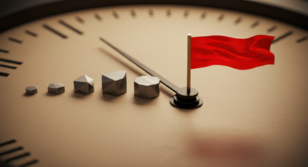 A metaphorical representation of growth and success with a flag on top of a rising bar chartの素材