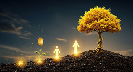 A conceptual image depicting the growth of financial wealth from small beginningsの素材