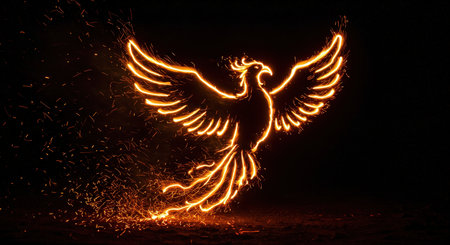 A fiery phoenix with wings spread against a dark sky filled with sparklesの素材